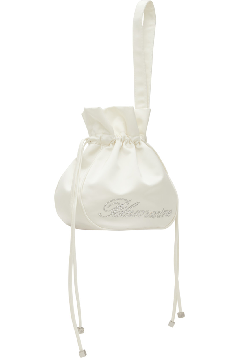 Satin pouch in white.

· Wristlet at side
· Crystal-cut logo appliqués at face
· Drawstring closure
· Fully lined
· H6" x W7" x D3"

Available exclusively at SSENSE.

Supplier color: White pearl