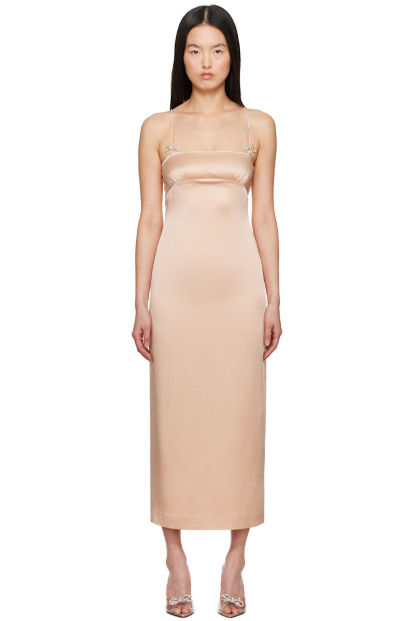 Stretch acetate- and viscose-blend satin midi dress.

· Square neck
· Gathering at chest
· Cup chain shoulder straps with bow accents
· Low back
· Central vent at back hem
· Full crêpe lining

Supplier color: Eyeshadow pink