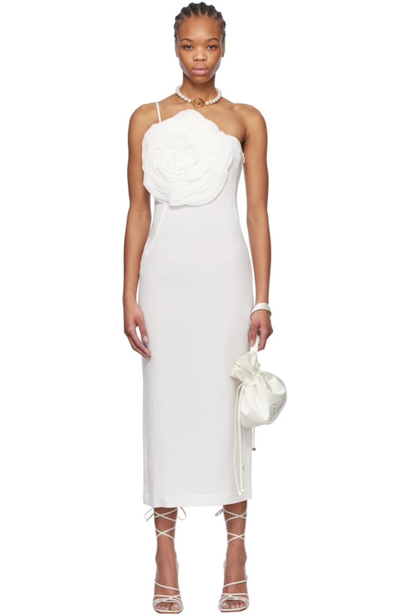 Viscose-blend gabardine midi dress. 

· Single-shoulder construction 
· Floral appliqué at chest
· Darts at front and back
· Concealed zip closure at side 
· Central vent at back hem

Supplier color: White pearl