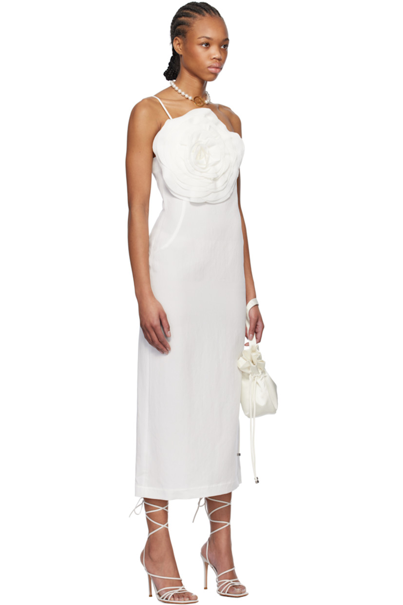 Viscose-blend gabardine midi dress. 

· Single-shoulder construction 
· Floral appliqué at chest
· Darts at front and back
· Concealed zip closure at side 
· Central vent at back hem

Supplier color: White pearl