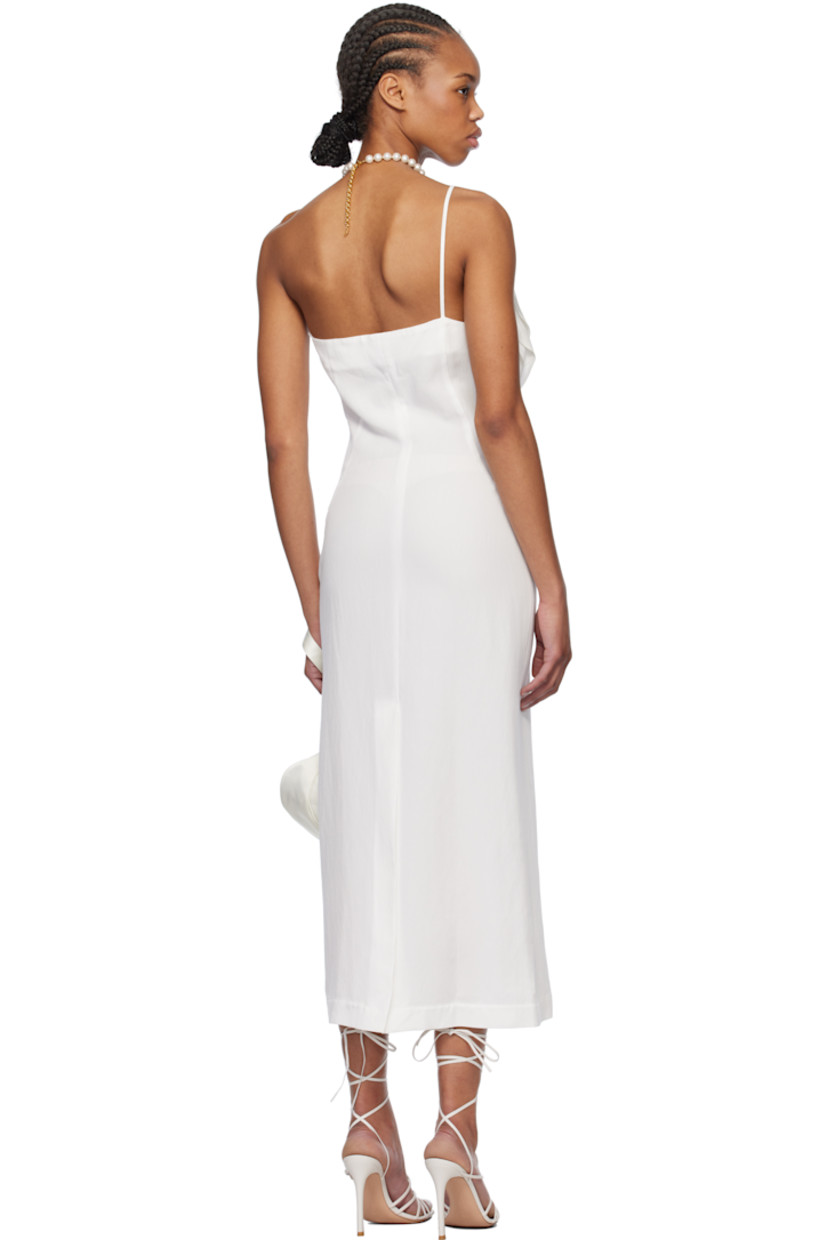 Viscose-blend gabardine midi dress. 

· Single-shoulder construction 
· Floral appliqué at chest
· Darts at front and back
· Concealed zip closure at side 
· Central vent at back hem

Supplier color: White pearl