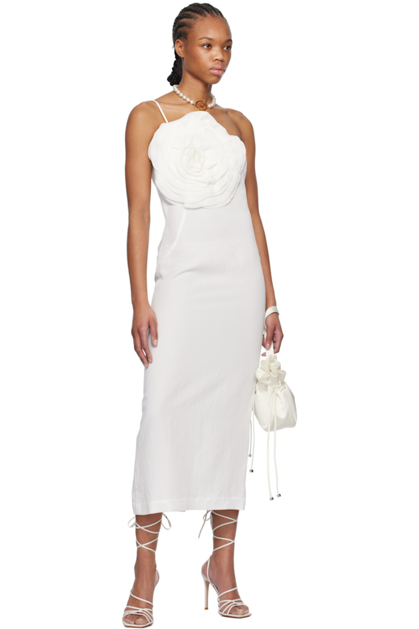 Viscose-blend gabardine midi dress. 

· Single-shoulder construction 
· Floral appliqué at chest
· Darts at front and back
· Concealed zip closure at side 
· Central vent at back hem

Supplier color: White pearl