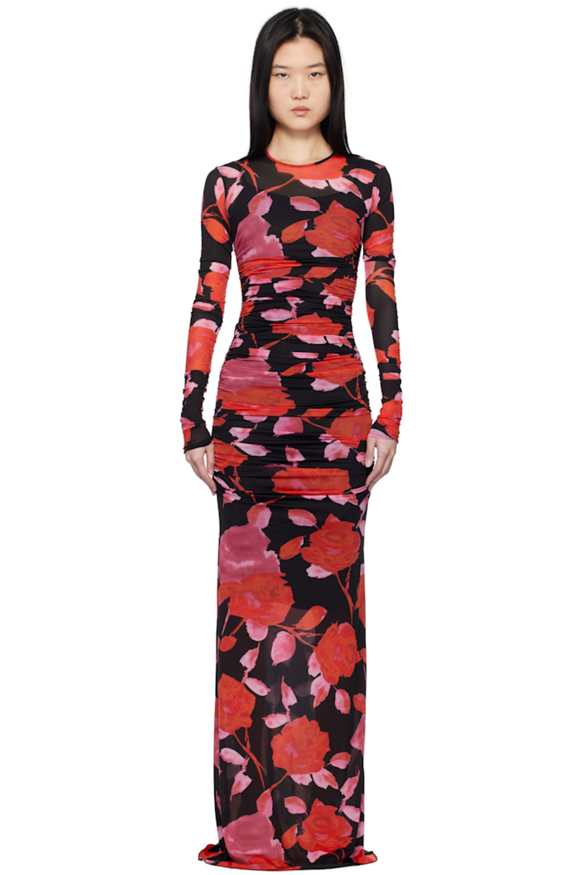 Stretch nylon jersey maxi dress. Ruching and floral pattern printed throughout. 

· Round neck
· Removable sleeveless slip

Supplier color: Black/Rouge