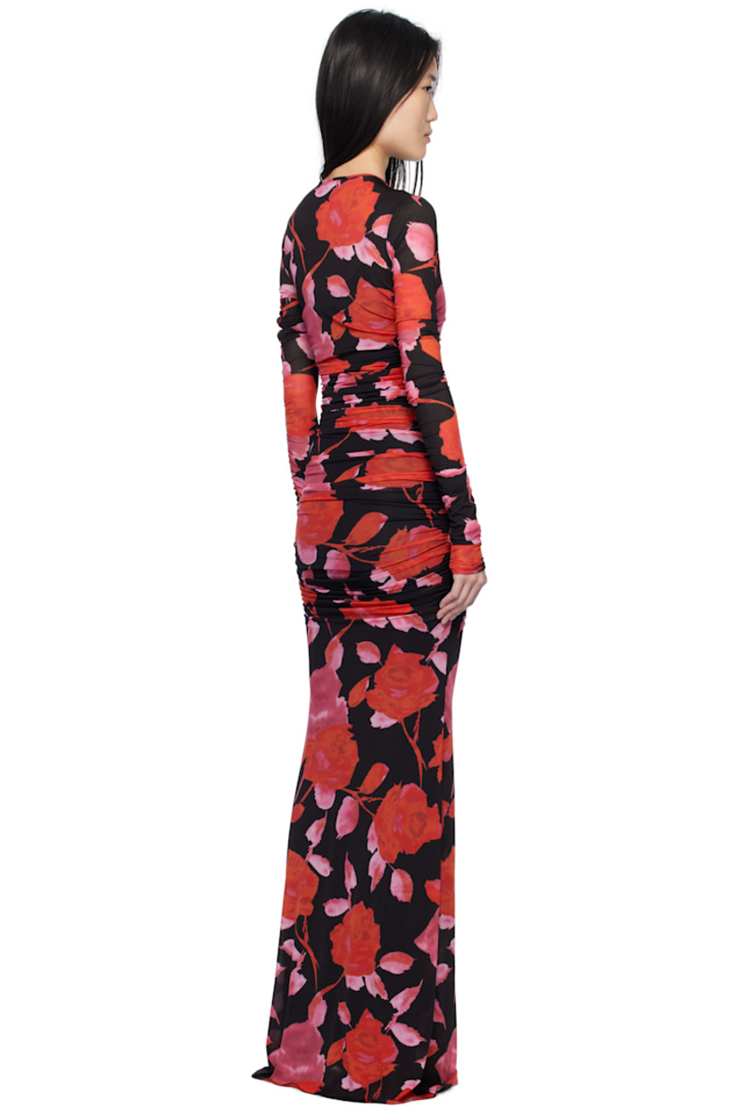 Stretch nylon jersey maxi dress. Ruching and floral pattern printed throughout. 

· Round neck
· Removable sleeveless slip

Supplier color: Black/Rouge