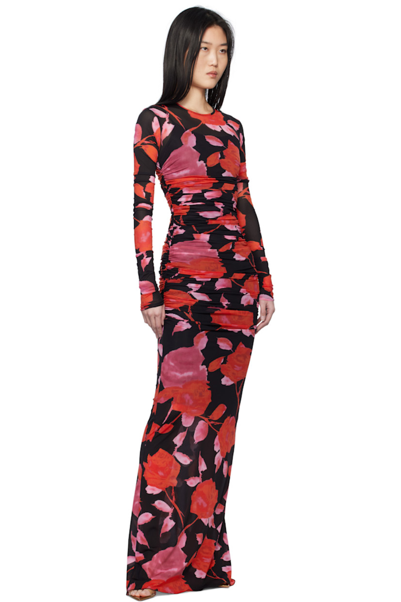 Stretch nylon jersey maxi dress. Ruching and floral pattern printed throughout. 

· Round neck
· Removable sleeveless slip

Supplier color: Black/Rouge