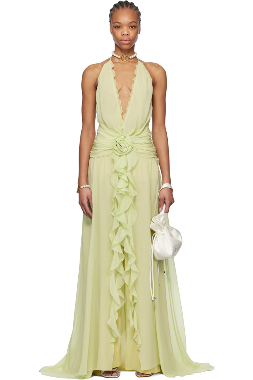 Silk georgette maxi dress. Lettuce edges throughout.

· Plunging V-neck
· Self-tie halter strap
· Gathering with floral appliqué at front
· Central ruffled vent at front hem 
· Concealed zip closure at open back 
· Self-tie strap at back 
· Full polyester crêpe lining

Supplier color: Nile green