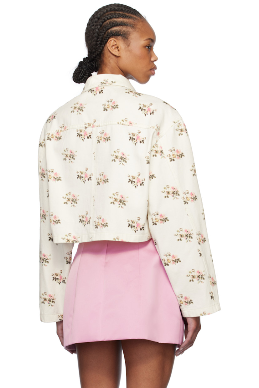 Non-stretch denim jacket. Floral pattern printed throughout. 

· Spread collar
· Button closure
· Detachable crystal-cut logo brooch at chest 
· Patch pockets
· Dropped shoulders 
· Embroidered logo patch at back hem
· Logo-engraved silver-tone hardware

Supplier color: Butter/Pink
