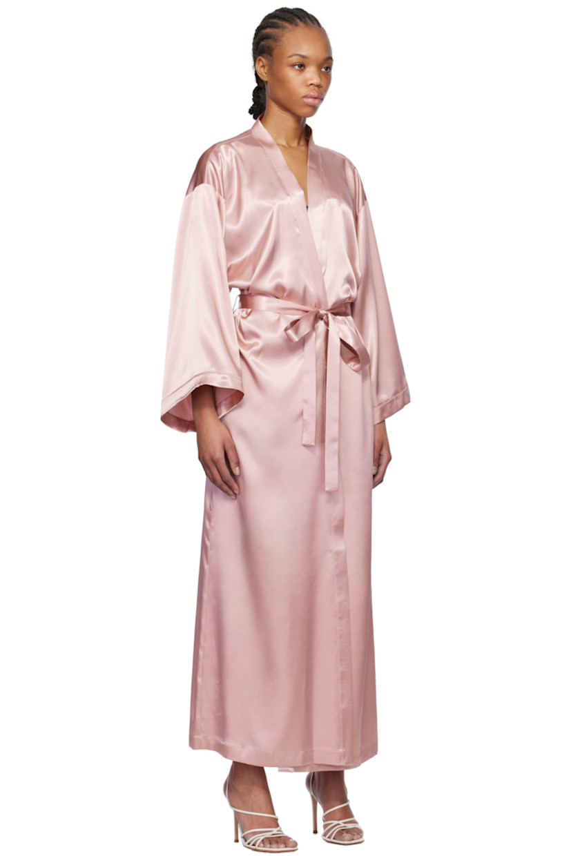 Polyester satin robe. 

· Shawl collar
· Belt loops with detachable self-tie belt
· Integrated self-tie fastening at interior
· Seam pockets
· Dropped shoulders 
· Crystal-cut logo appliqués at back

Supplier color: Eyeshadow pink