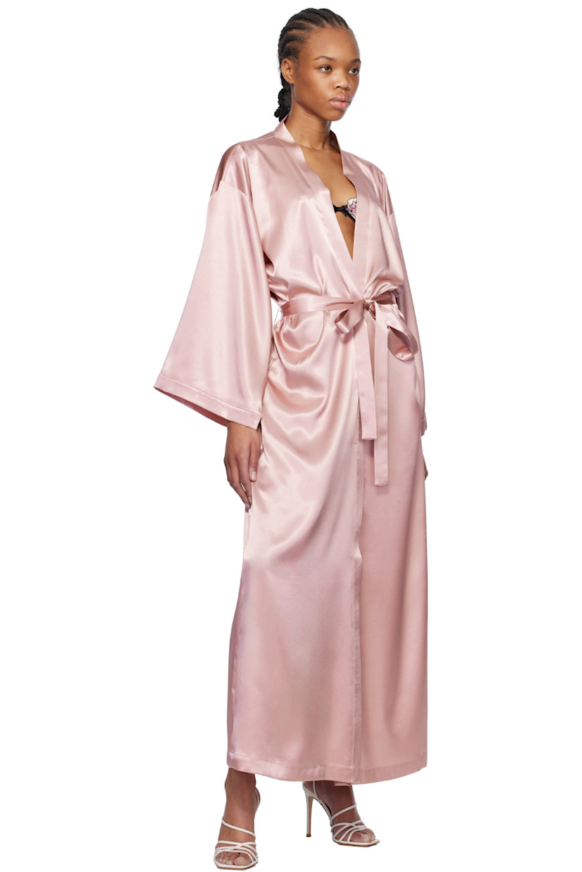 Polyester satin robe. 

· Shawl collar
· Belt loops with detachable self-tie belt
· Integrated self-tie fastening at interior
· Seam pockets
· Dropped shoulders 
· Crystal-cut logo appliqués at back

Supplier color: Eyeshadow pink