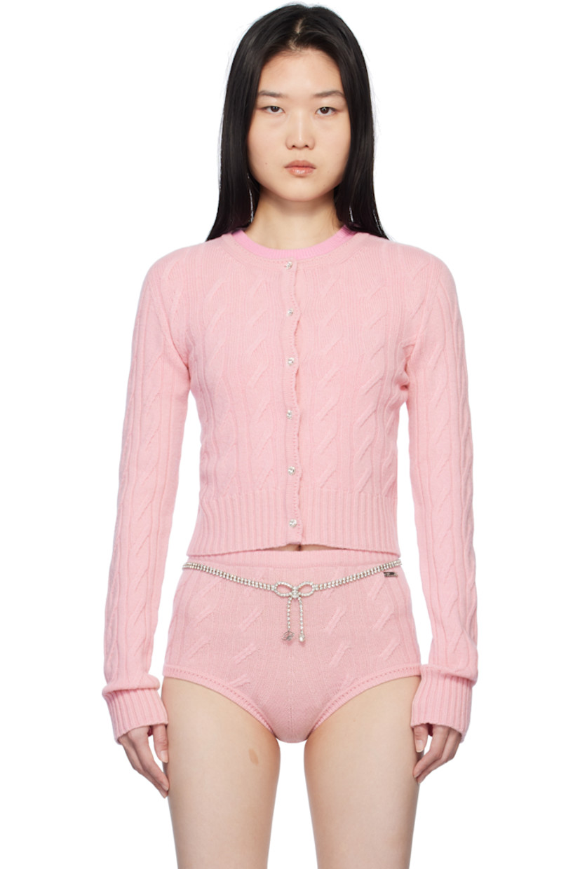 Cable-knit wool- and cashmere-blend cardigan.

· Rib-knit crewneck, hem, and cuffs
· Button closure
· Cropped hem

Supplier color: Wild rose