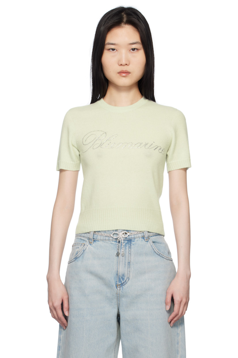Knit cashmere sweater. 

· Rib-knit crewneck, cropped hem, and cuffs
· Crystal-cut logo appliqués at front

Supplier color: Canary green