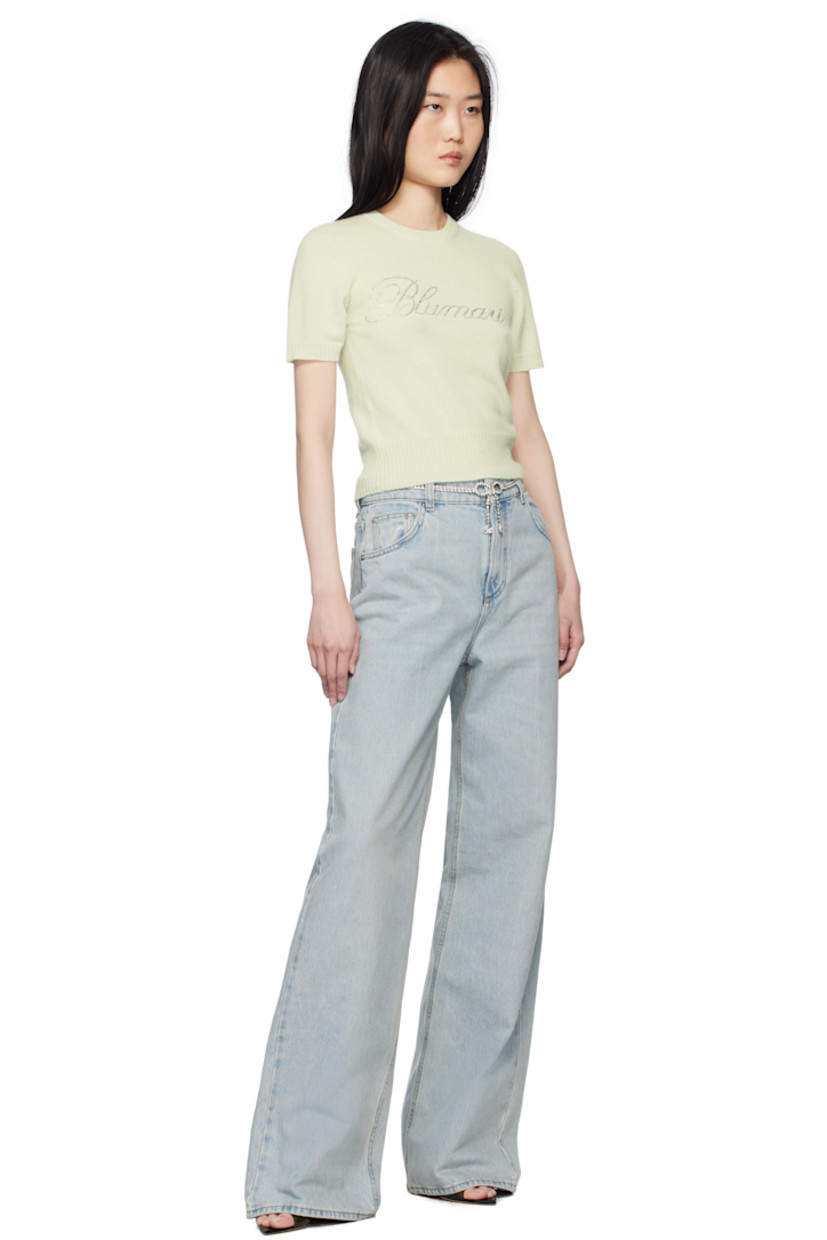 Knit cashmere sweater. 

· Rib-knit crewneck, cropped hem, and cuffs
· Crystal-cut logo appliqués at front

Supplier color: Canary green