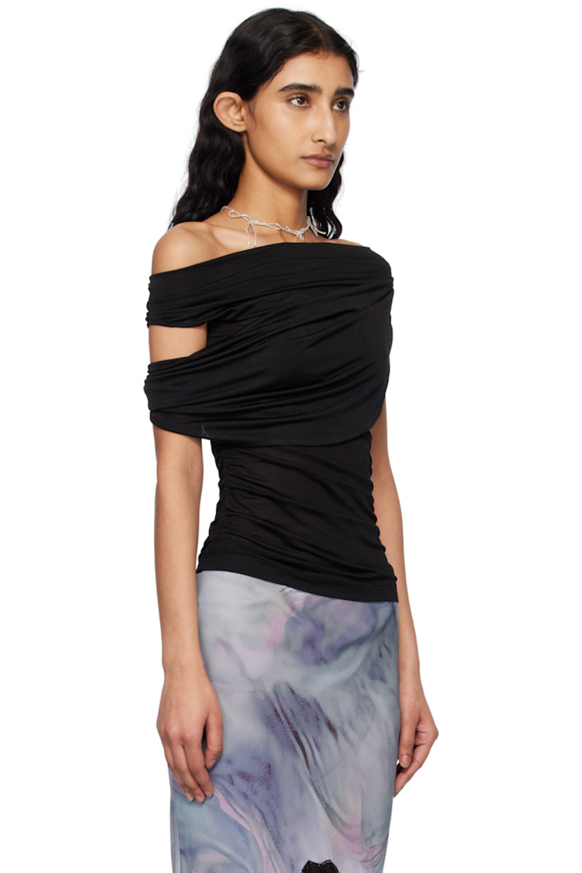 Semi-sheer viscose sablé blouse. Draping throughout.

· Single-shoulder construction
· Ruching at side seams
· Concealed zip closure at side
· Low back 
· Unlined

Supplier color: Black