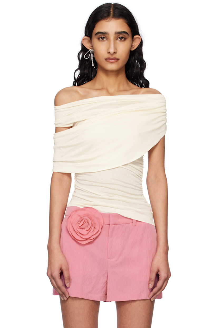 Viscose jersey blouse. Draping and ruching throughout.

· Single-shoulder construction 
· Sash-style overlay
· Asymmetric hem 
· Concealed zip closure at side
· Low back 
· Unlined

Supplier color: Butter