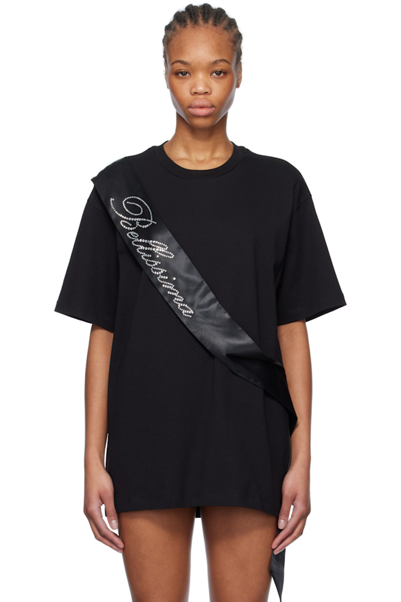 Cotton jersey T-shirt. 

· Rib-knit crewneck 
· Satin sash-style overlay with crystal-cut text appliqués
· Dropped shoulders

Supplier color: Black