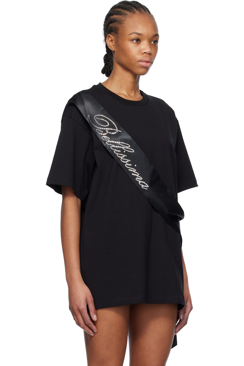 Cotton jersey T-shirt. 

· Rib-knit crewneck 
· Satin sash-style overlay with crystal-cut text appliqués
· Dropped shoulders

Supplier color: Black