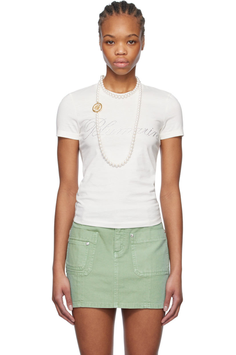 Cotton jersey T-shirt. 

· Rib-knit crewneck
· Crystal-cut logo appliqués at chest

Supplier color: Optical white