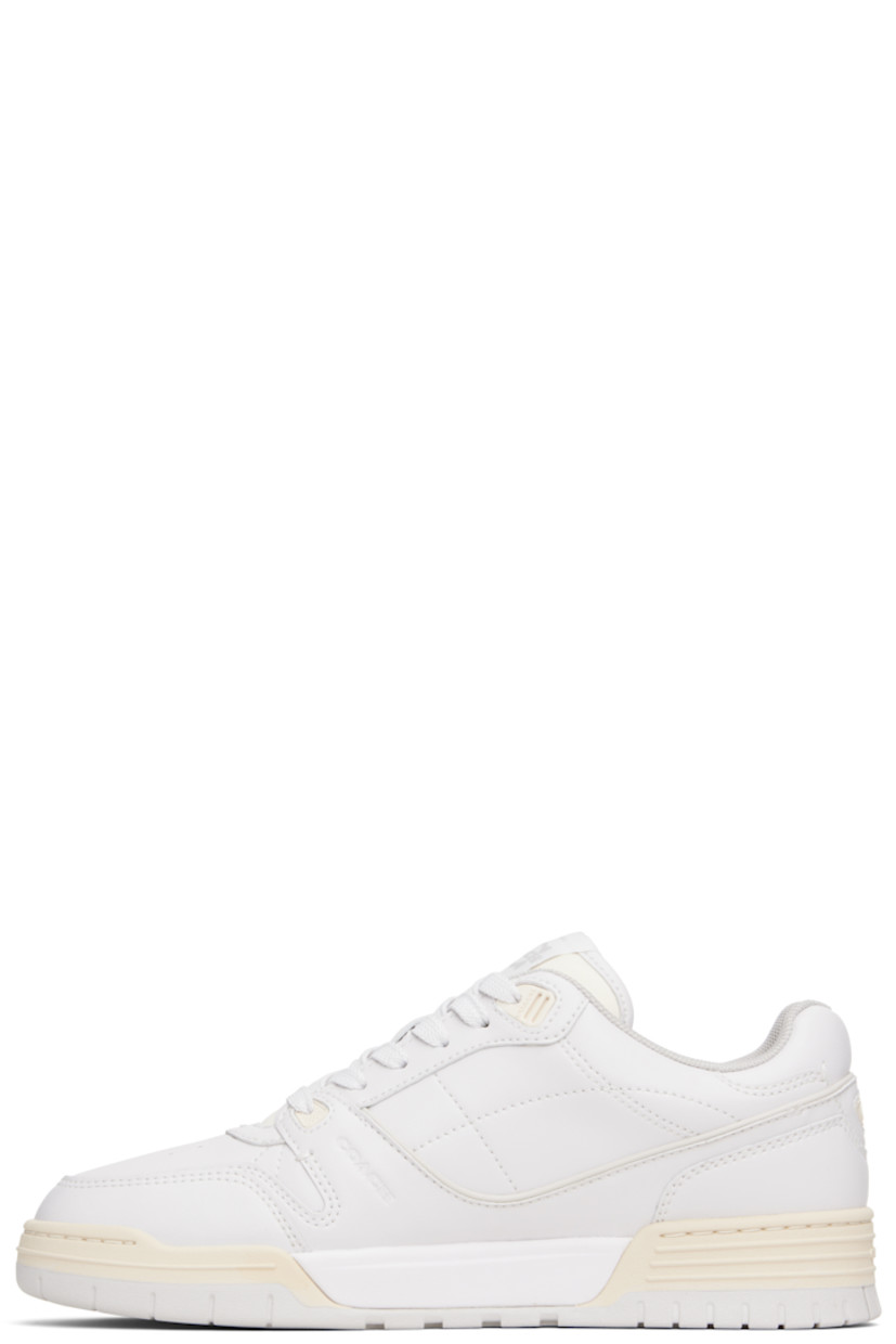Low-top buffed leather sneakers.

· Perforated detailing at toe
· Lace-up closure
· Logo patch at padded tongue
· Padded collar
· Logo appliqué at outer side and heel counter
· Mesh lining
· Treaded rubber sole

Supplier color: Optic white