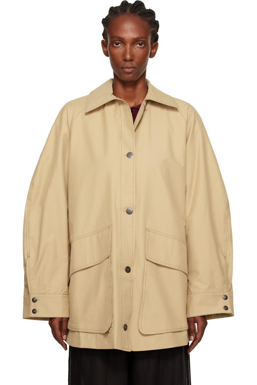 Water-repellent cotton- and nylon-blend twill jacket.

· Certified ISO 9001 and ZDHC
· Spread collar
· Button closure
· Flap pockets
· Raglan sleeves
· Button fastening at cuffs
· Full satin lining
· Contrast stitching in black

Supplier color: Camel