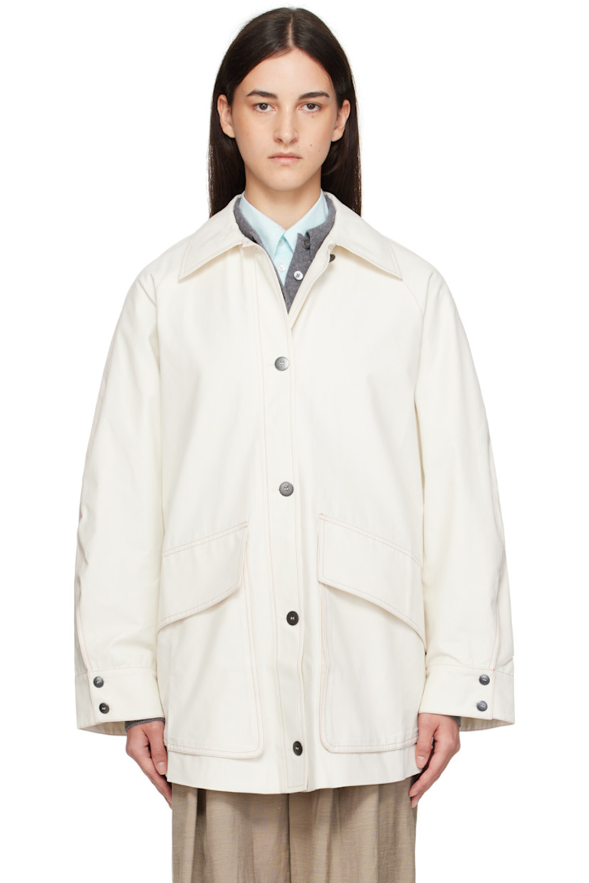 Cotton-blend twill jacket. 

· Oversized
· Spread collar
· Button closure
· Flap pockets at waist
· Logo flag at pocket
· Buttoned barrel cuffs
· Full satin lining
· Black metal hardware

Supplier color: White
