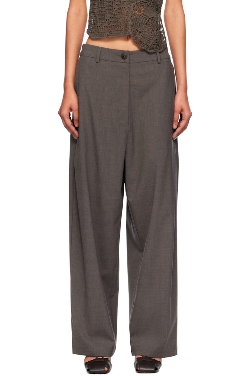 Plain-woven stretch virgin wool-blend trousers.

· Certified OEKO-TEX® Standard 100
· Wide-leg 
· Belt loops at partially elasticized waistband 
· Two-pocket styling
· Zip fly 
· Pleat at outseams

Supplier color: Deep taupe
