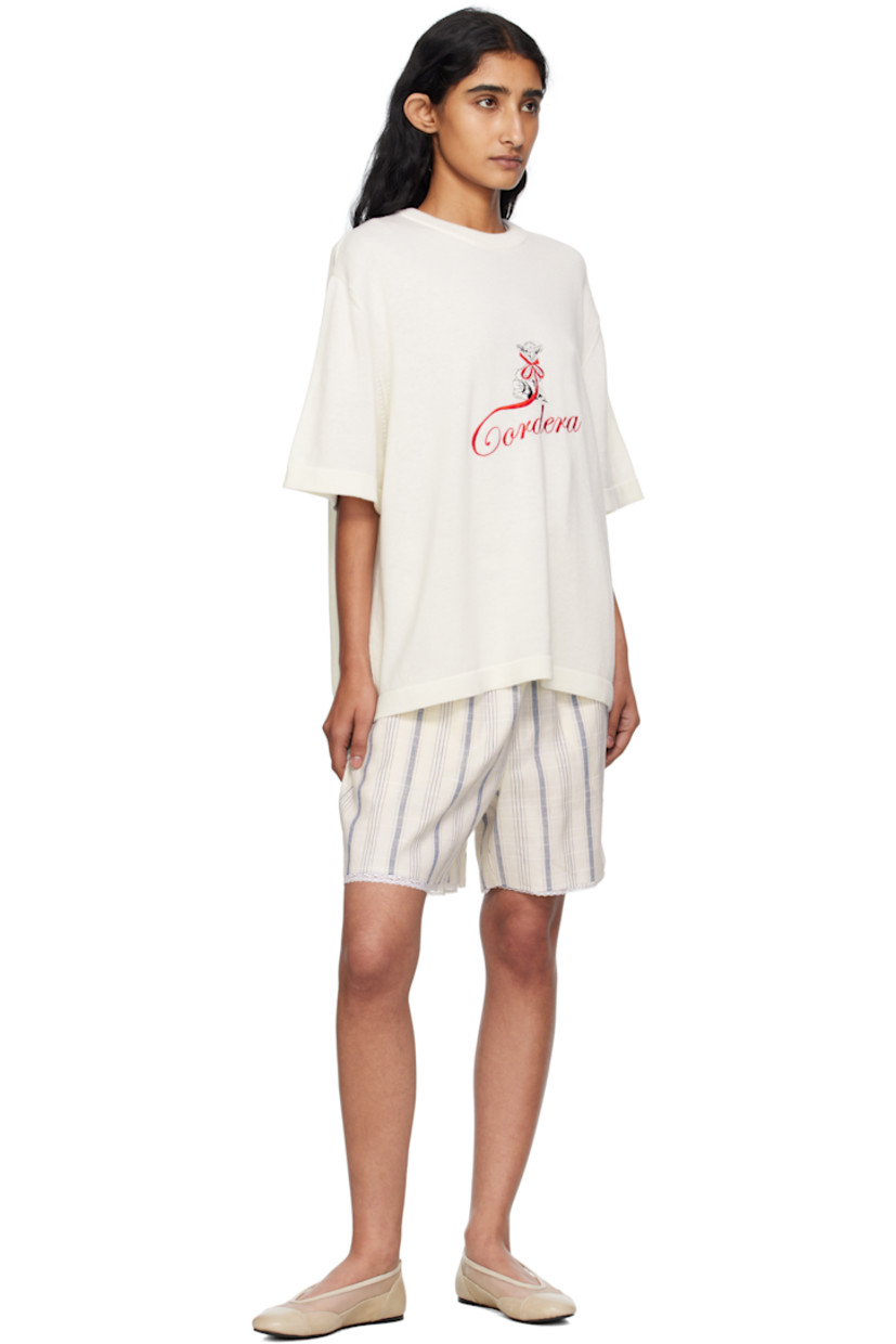 Cotton- and linen-blend twill shorts.

· BCI- and OEKO-TEX 100-certified
· Striped throughout
· Elasticized waistband
· Two-pocket styling
· Mock fly
· Exposed lace lining at hem
· Full cotton lining

Supplier color: Striped