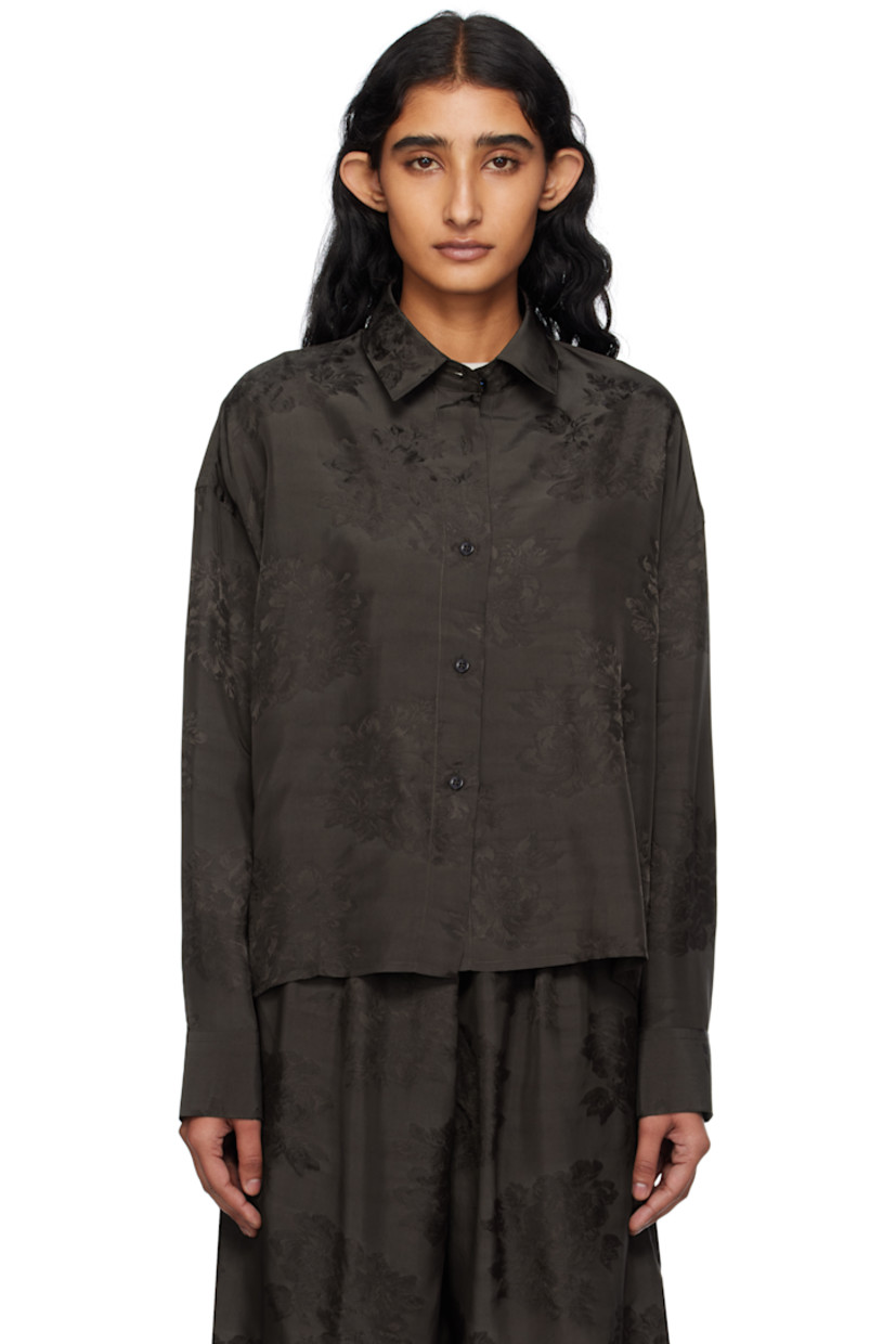 Viscose damask shirt. 

· Jacquard floral pattern throughout 
· Spread collar
· Button closure
· Cropped droptail hem 
· Dropped shoulders
· Buttoned barrel cuffs
· Twin pleats at back yoke 
· Logo-engraved hardware

Supplier color: Dark brown