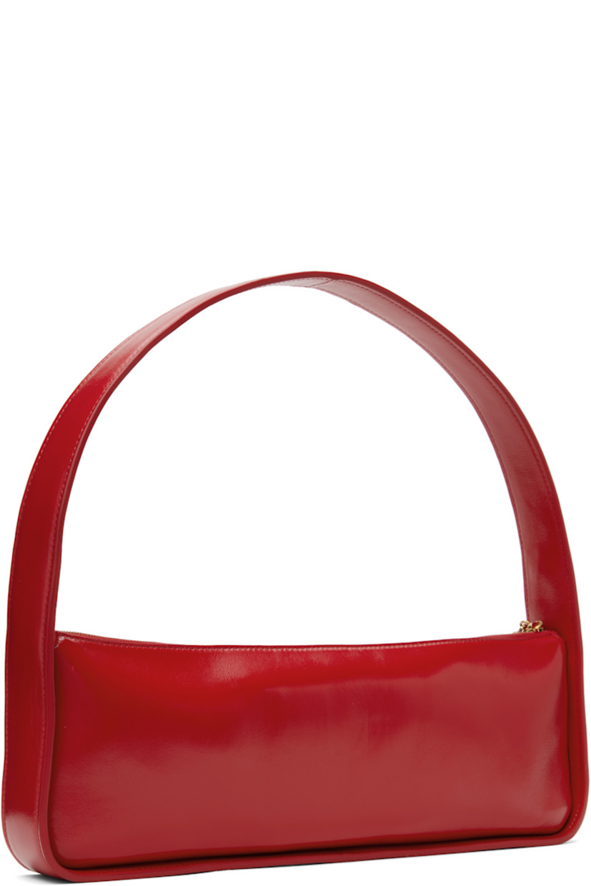 Crackled patent calfskin shoulder bag in red.

· Fixed shoulder strap
· Logo stamp at face
· Zip closure
· Card slot at interior
· Nappa leather lining
· Antiqued gold-tone hardware
· H4.5" x W13" x D1.5"

Supplier color: Rebel