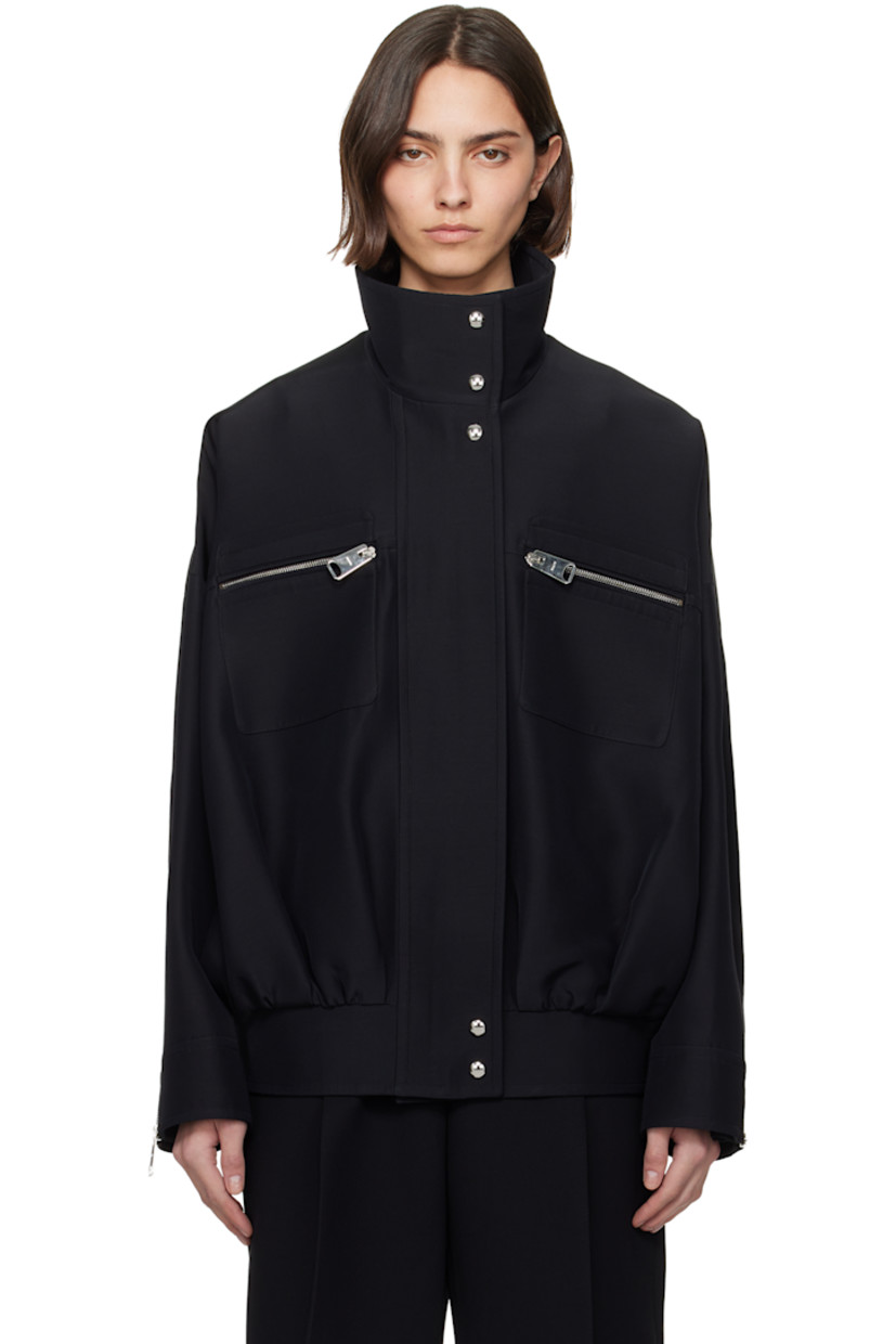 Wool- and viscose-blend faille bomber jacket. 

· Press-stud fastening at funnel neck
· Two-way zip closure with press-stud placket
· Zip pockets
· Dropped shoulders
· Zip vent at cuffs
· Partially elasticized back hem
· Full satin lining
· Logo-engraved silver-tone hardware

Supplier color: Black