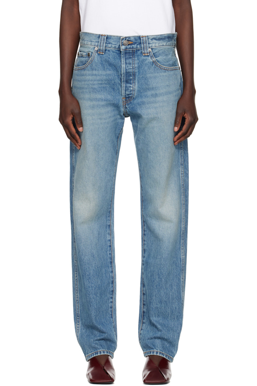 Tapered non-stretch denim jeans. Fading, whiskering, and distressing throughout.

· Low-rise
· Belt loops
· Five-pocket styling
· Button fly
· Logo-engraved gunmetal-tone hardware
· Contrast stitching in tan

Supplier color: Heath