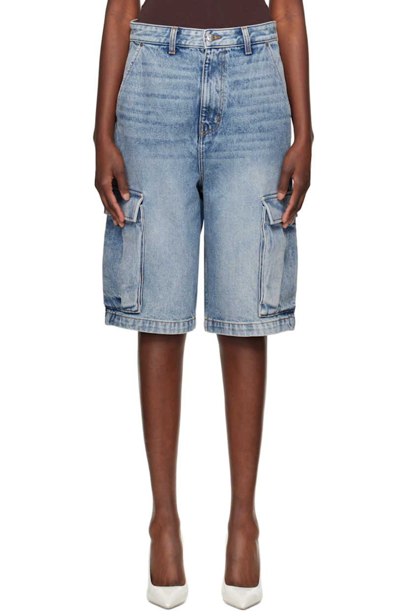 Non-stretch denim cargo shorts. Fading and whiskering throughout.

· Belt loops
· Four-pocket styling
· Zip fly
· Cargo pocket at outseams
· Logo patch at back waistband

Supplier color: Bay indigo