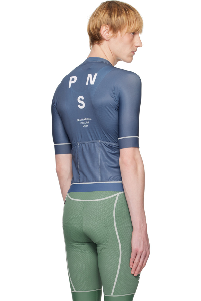 Lightweight stretch polyester jersey and mesh T-shirt. Overlock stitching throughout. 

· Paneled construction
· Band collar
· Zip closure
· Logo printed at chest and back
· Anti-slip silicone trim at elasticized hem and cuffs
· Zip seam pocket
· Logo flag at side seam
· Raglan sleeves
· Patch pockets at back

Supplier color: Light indigo