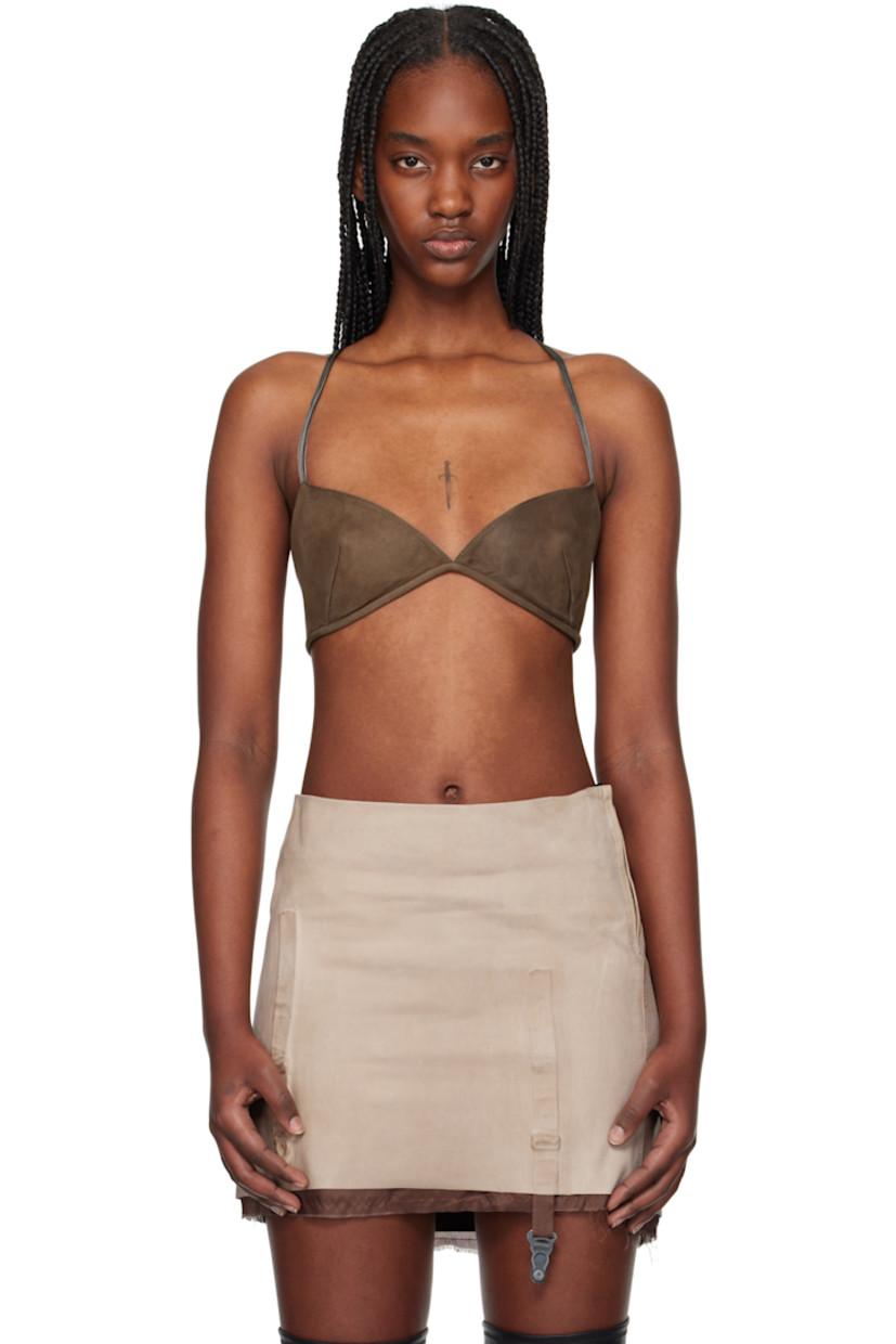Handcrafted nubuck bra.

· V-neck
· Darts at chest 
· Padded cups
· Adjustable crisscrossing shoulder straps
· Elasticized and adjustable hook-eye closure at back
· Full silk satin lining 

Supplier color: Mud