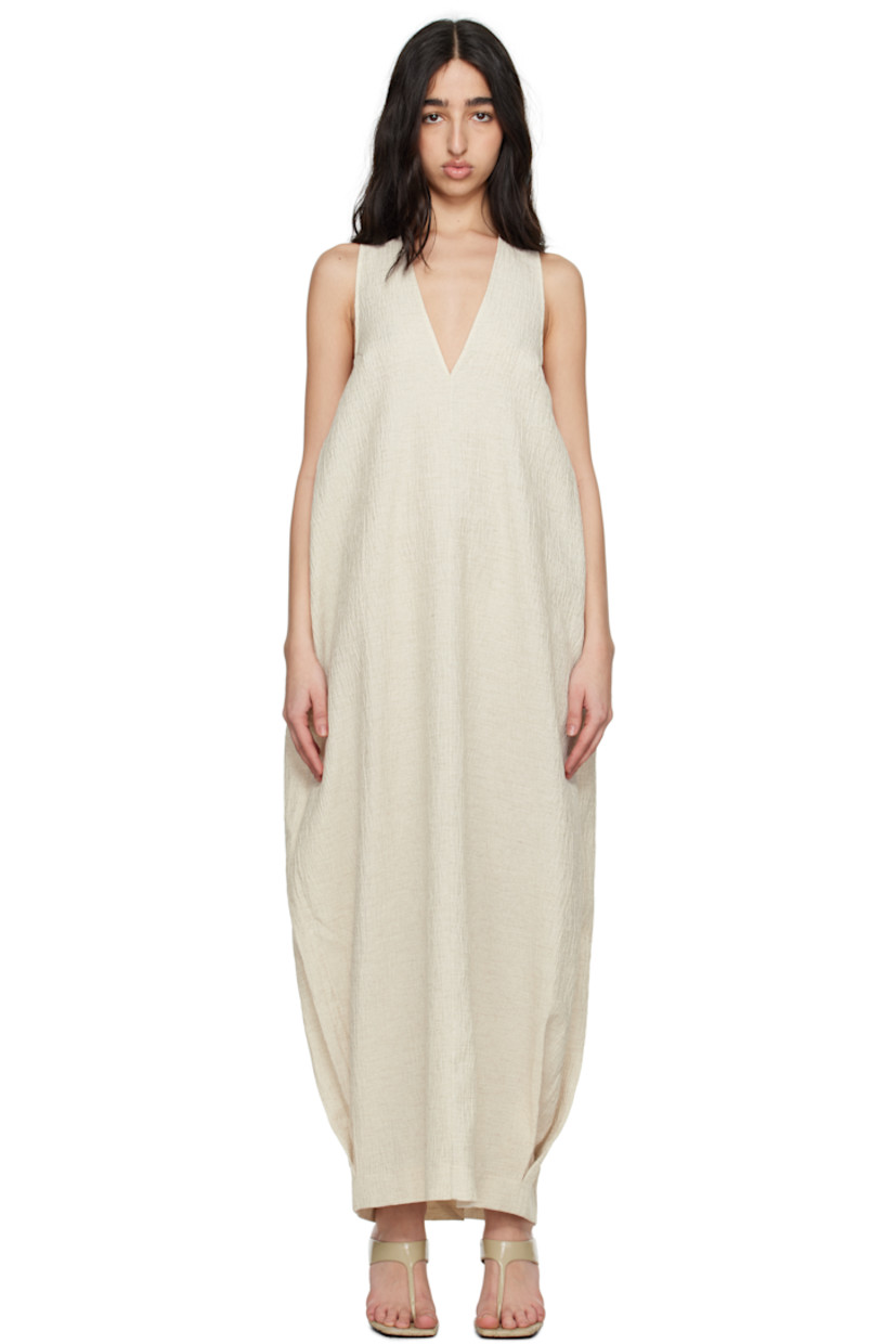 Stretch cotton-blend gauze midi dress. 

· Plunging V-neck
· Darts at chest
· Central seam at front and back
· Inverted pleat at side seam
· Seam pockets 
· Central vent at back hem

Supplier color: Stone