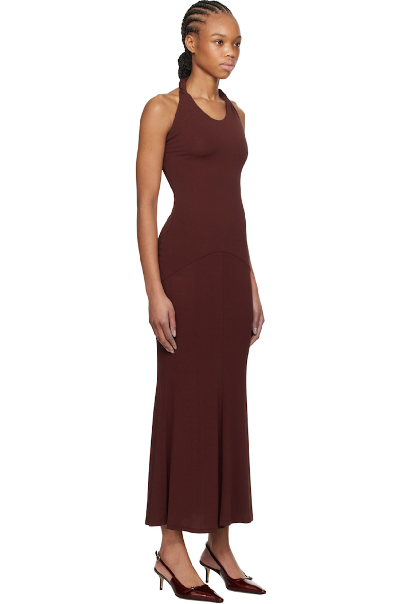 Double-faced stretch viscose jersey crêpe maxi dress.

· Scoop neck
· Twisted detailing at halter strap
· Elasticized open back

Supplier color: Burgundy