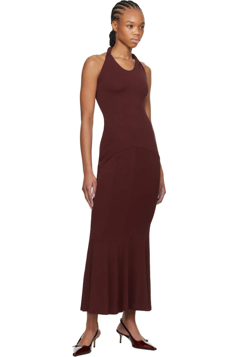 Double-faced stretch viscose jersey crêpe maxi dress.

· Scoop neck
· Twisted detailing at halter strap
· Elasticized open back

Supplier color: Burgundy