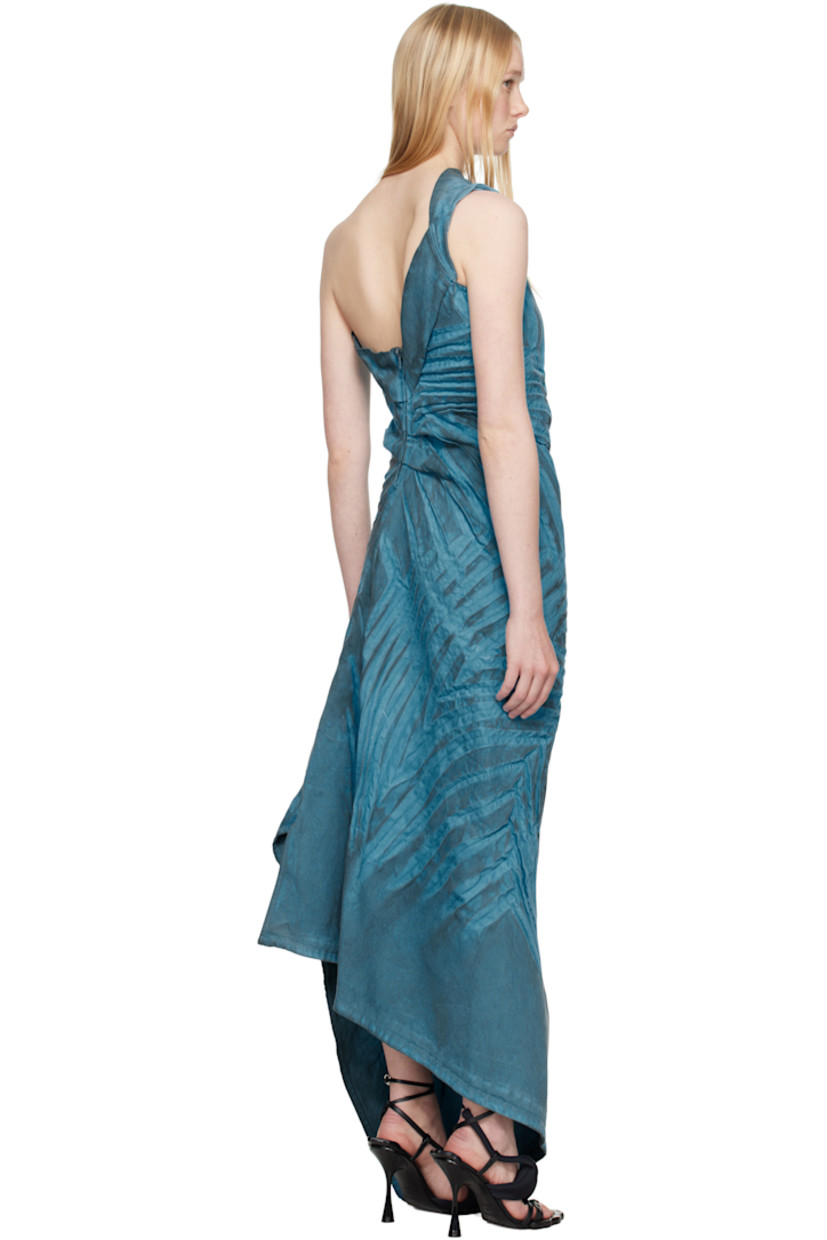 Non-stretch denim maxi dress. Fading and creasing throughout. 

· Single-shoulder construction 
· Graphic at front 
· Asymmetric hem 
· Concealed zip closure at back
· Unlined

Supplier color: Murky blue