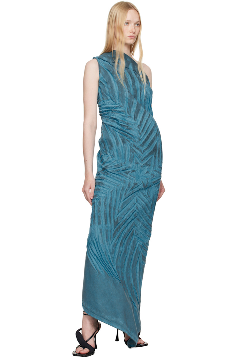 Non-stretch denim maxi dress. Fading and creasing throughout. 

· Single-shoulder construction 
· Graphic at front 
· Asymmetric hem 
· Concealed zip closure at back
· Unlined

Supplier color: Murky blue