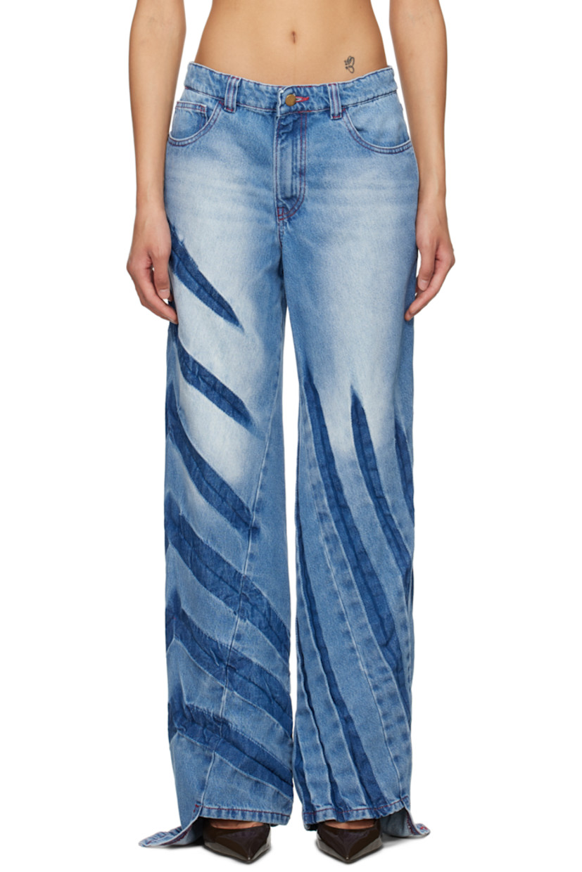 Non-stretch denim jeans. Whiskering, fading, and creasing throughout.

· Belt loops
· Five-pocket styling
· Zip fly
· Twisted inseams and outseams
· Asymmetrical cuffs
· Contrast stitching in red

Supplier color: Dusty blue