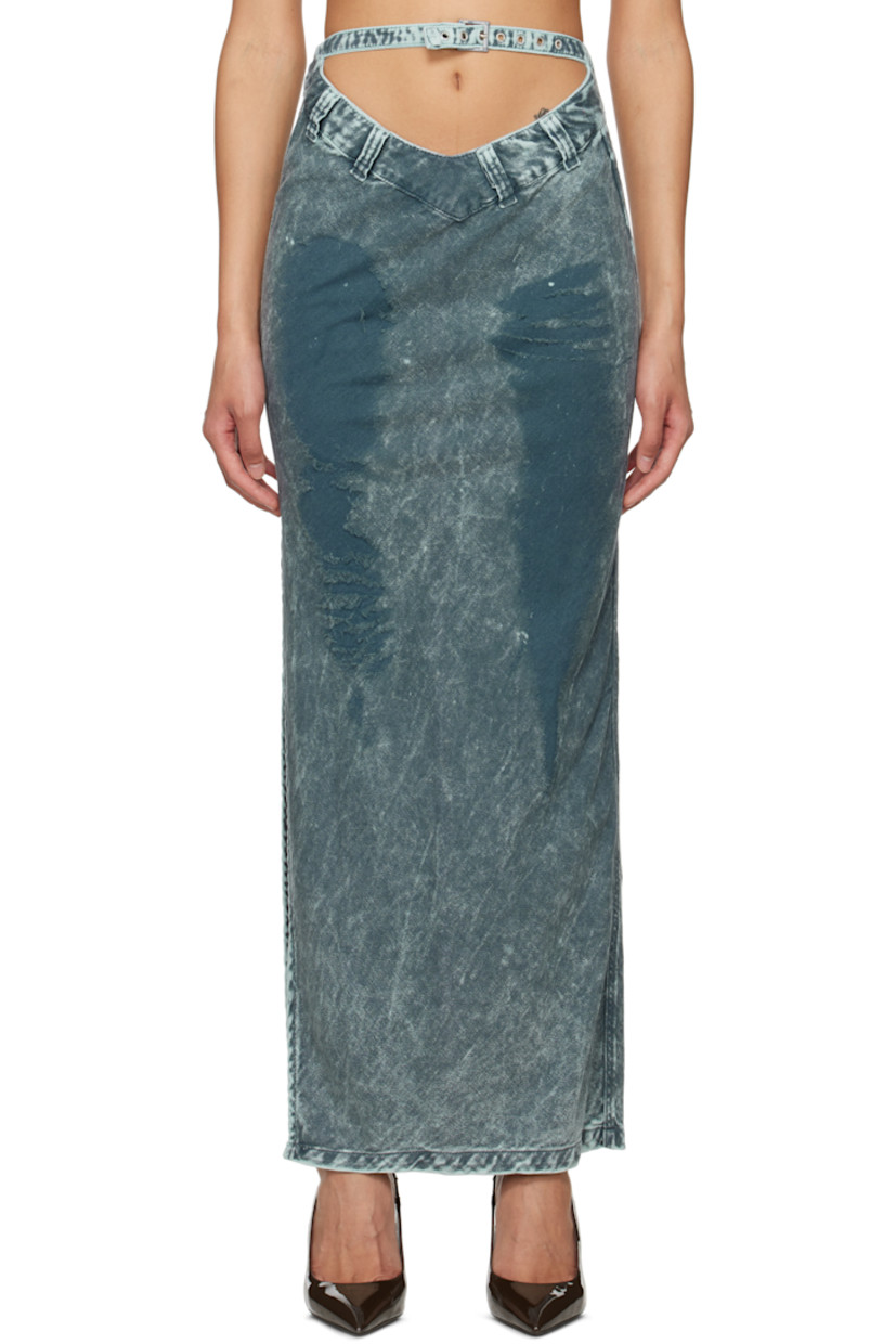 OEKO-TEX®-certified cotton-blend flannel maxi skirt. Fading and distressing throughout.

· Integrated pin buckle belt at waistband
· Belt loops
· Cutout at front and back
· Slit at side seam

Supplier color: Burnt turquoise