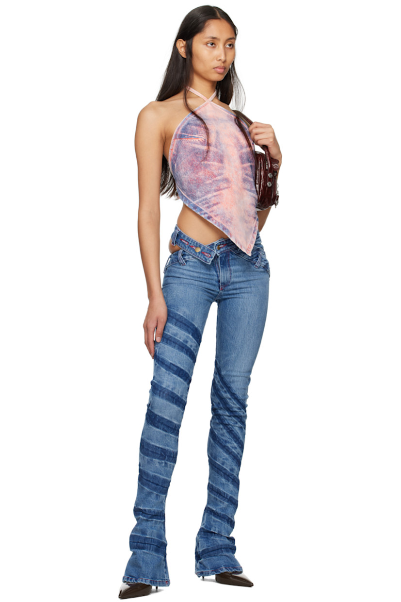 Cotton-blend twill tank top. Fading and whiskering throughout. 

· Self-tie halter strap
· Darts at front
· Self-tie fastening at open back

Supplier color: Frost red
