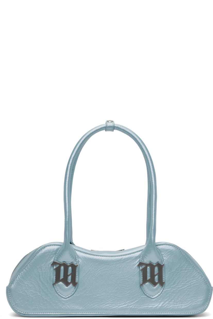 Structured crinkled patent leather shoulder bag in blue.

· Press-stud tab at rolled carry handles
· Silver-tone logo hardware at face
· Two-way zip closure
· Card slot at interior
· Logo-woven satin lining
· Logo-engraved silver-tone hardware
· H4.5" x W13" x D3.25"

Supplier color: Baby blue