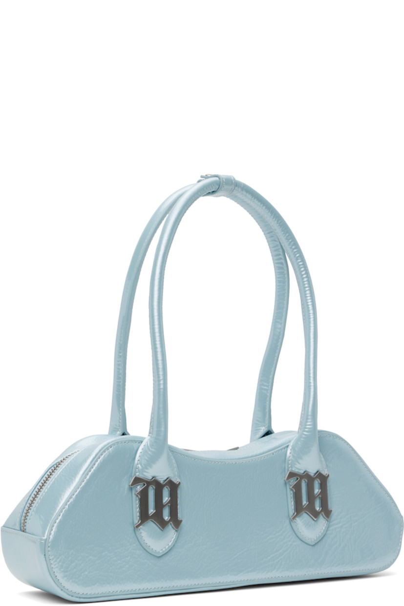 Structured crinkled patent leather shoulder bag in blue.

· Press-stud tab at rolled carry handles
· Silver-tone logo hardware at face
· Two-way zip closure
· Card slot at interior
· Logo-woven satin lining
· Logo-engraved silver-tone hardware
· H4.5" x W13" x D3.25"

Supplier color: Baby blue