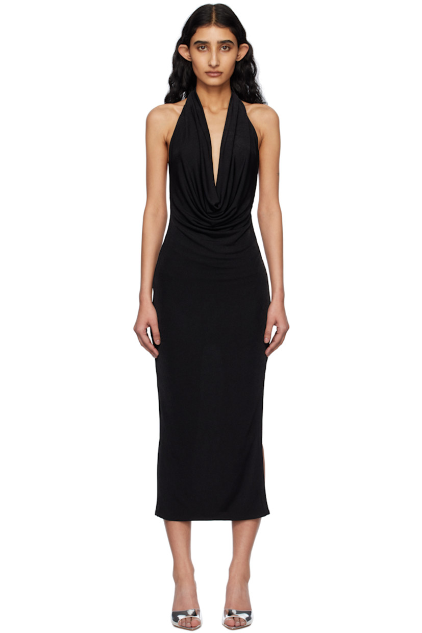 Knit stretch polyester maxi dress.

· Plunging cowl neck
· Slit at side
· Fixed halter strap
· Low back
· Partially lined

Supplier color: Black