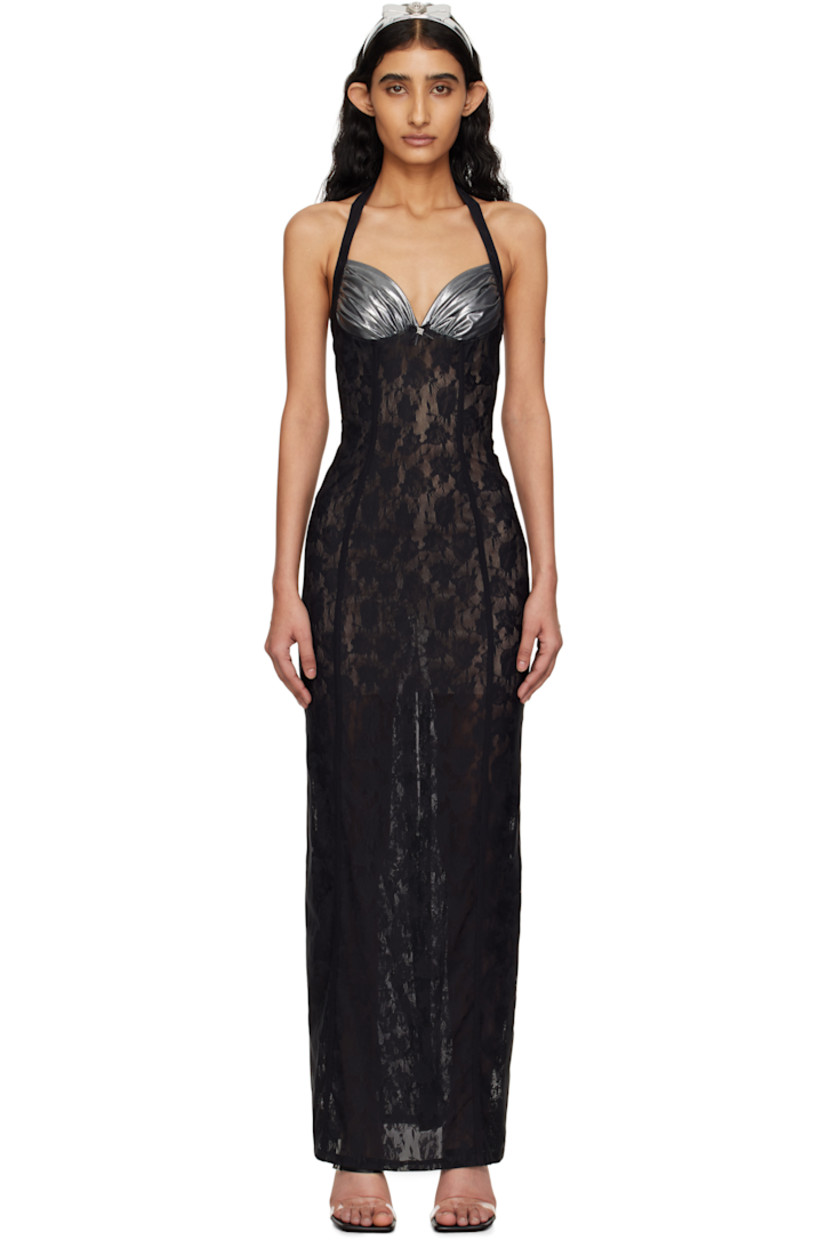 Stretch nylon mesh maxi dress.  

· Paneled construction
· Adjustable halter neck
· Gathered jersey cups
· Logo hardware and bow at chest
· Zip closure at back 
· Full stretch nylon mesh lining 

Supplier color: Black