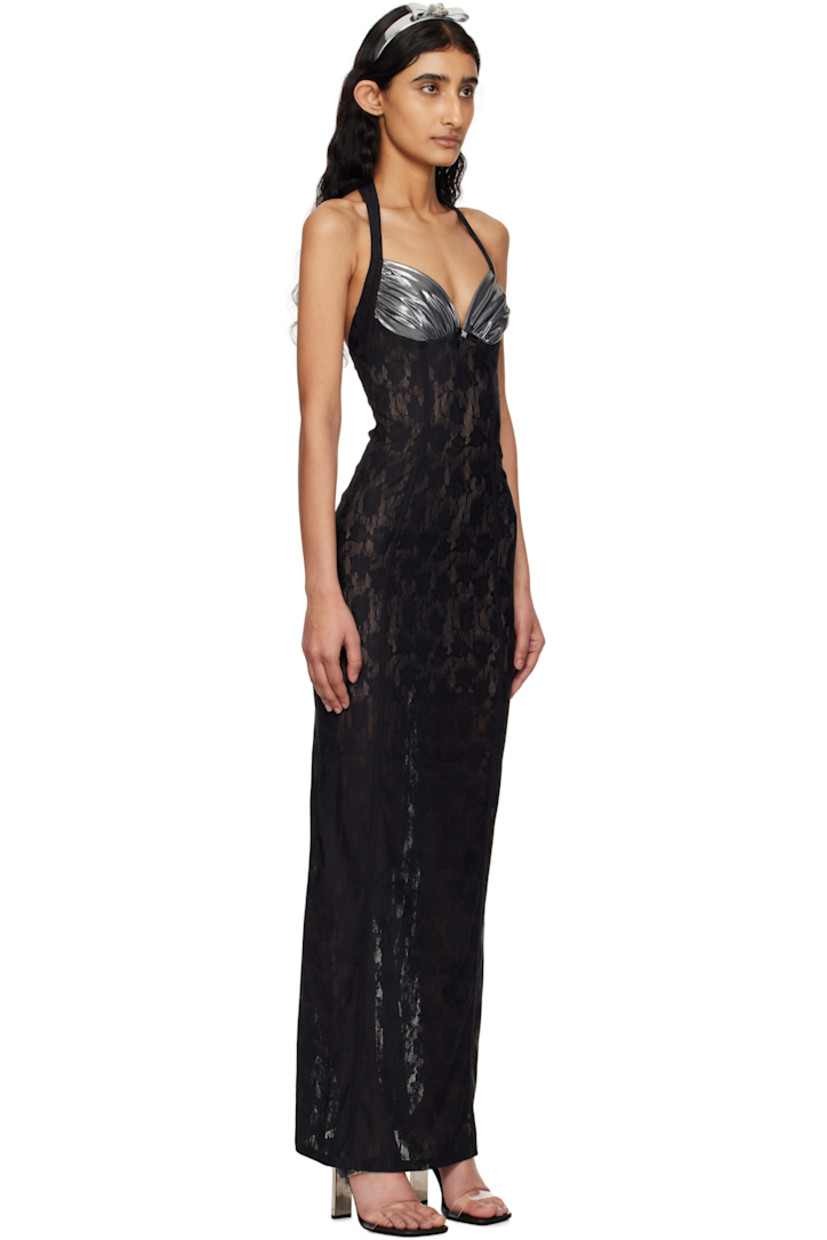 Stretch nylon mesh maxi dress.  

· Paneled construction
· Adjustable halter neck
· Gathered jersey cups
· Logo hardware and bow at chest
· Zip closure at back 
· Full stretch nylon mesh lining 

Supplier color: Black