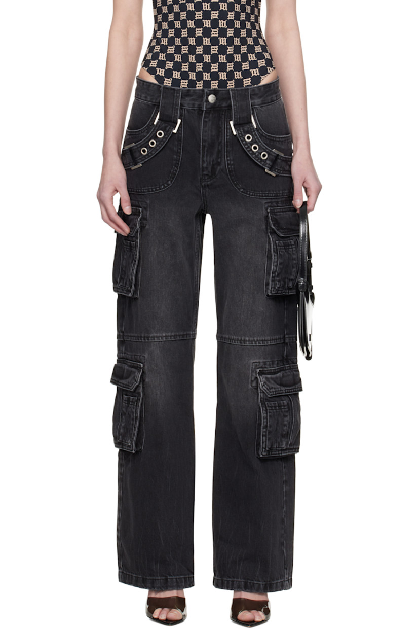 Non-stretch organic and recycled cotton-blend denim jeans. Fading and subtle distressing throughout.

· Belt loops
· Four-pocket styling
· Zip-fly
· Harness-style straps at front
· Cargo pockets at outseams
· Logo plaque at back pocket

Supplier color: Black