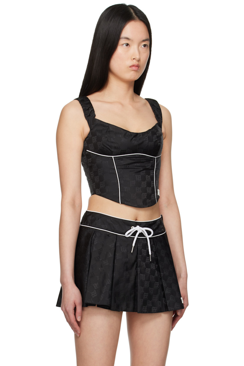 Polyester- and nylon-blend taffeta top. Woven logo pattern and piping throughout.

· Off-the-shoulder construction
· Sweetheart neck
· Darts at chest
· Embroidered logo at curved hem
· Boning at sides
· Elasticized shoulder straps
· Zip closure at back
· Full stretch satin lining

Supplier color: Black