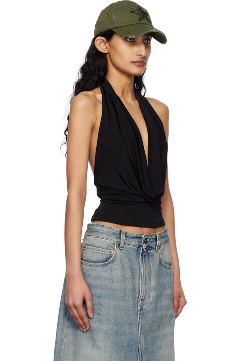 Knit stretch polyester top. 

· Plunging cowl neck
· Fixed halter strap
· Open back

Supplier color: Black
