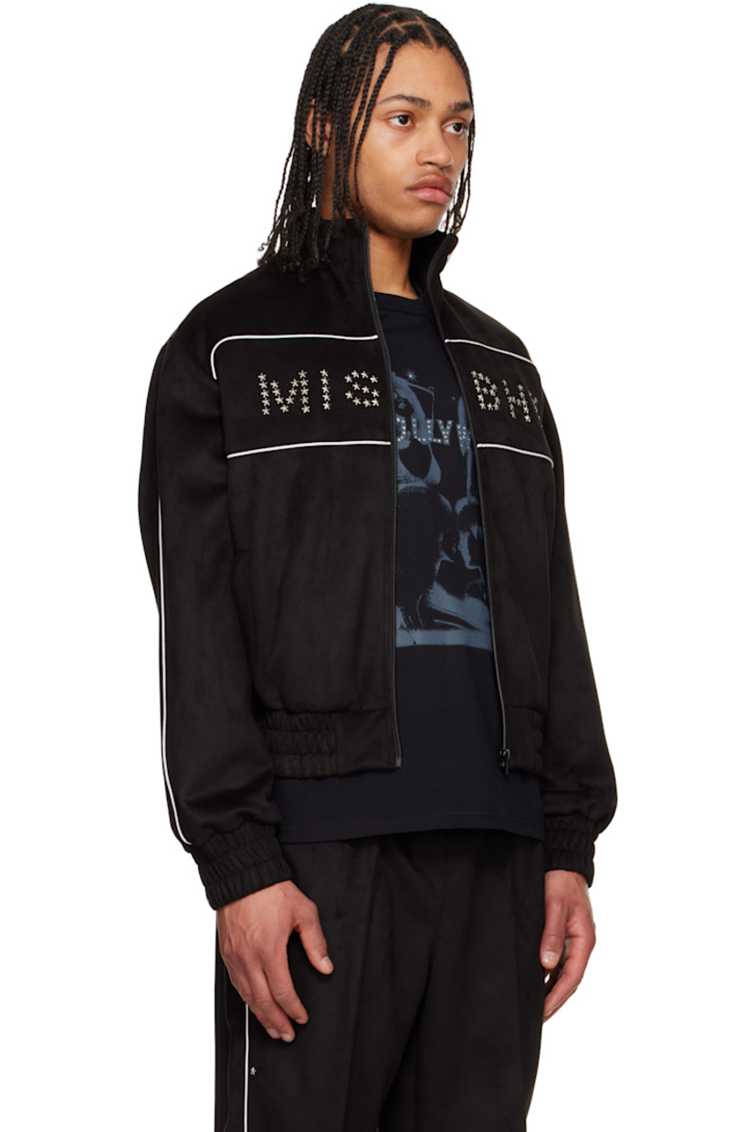 Stretch faux-suede track jacket. Piping throughout.

· Elasticized stand collar, hem, and cuffs
· Zip closure
· Studded logo at chest
· Welt pockets
· Welt pocket at interior
· Full satin lining

Supplier color: Black